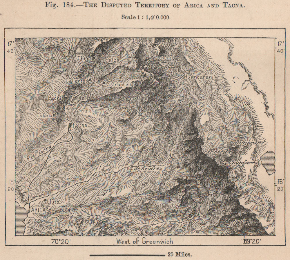 The disputed territory of Arica and Tacna. Peru/Chile 1885 old antique map
